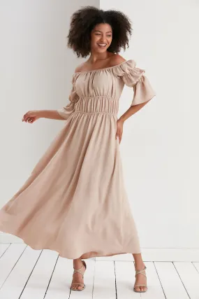 Bardot Elasticated Maxi Dress in Beige