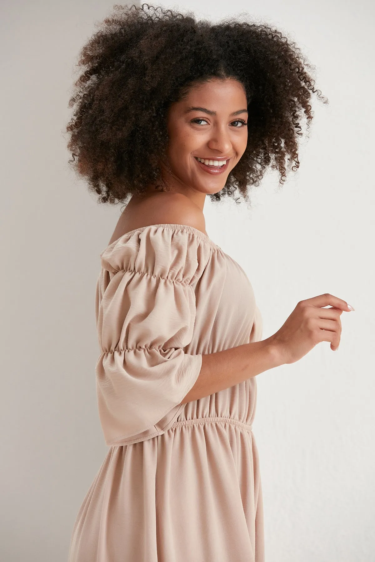 Bardot Elasticated Maxi Dress in Beige