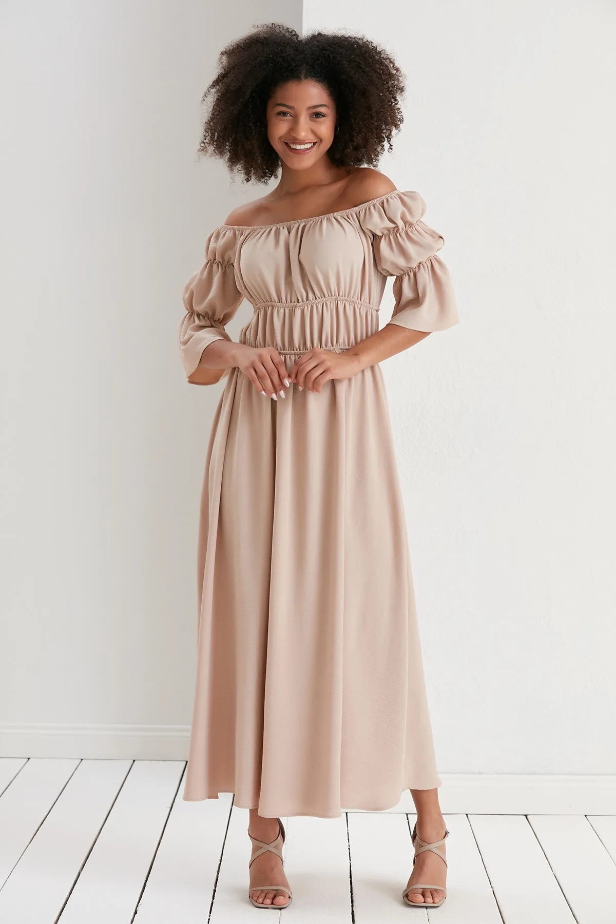 Bardot Elasticated Maxi Dress in Beige