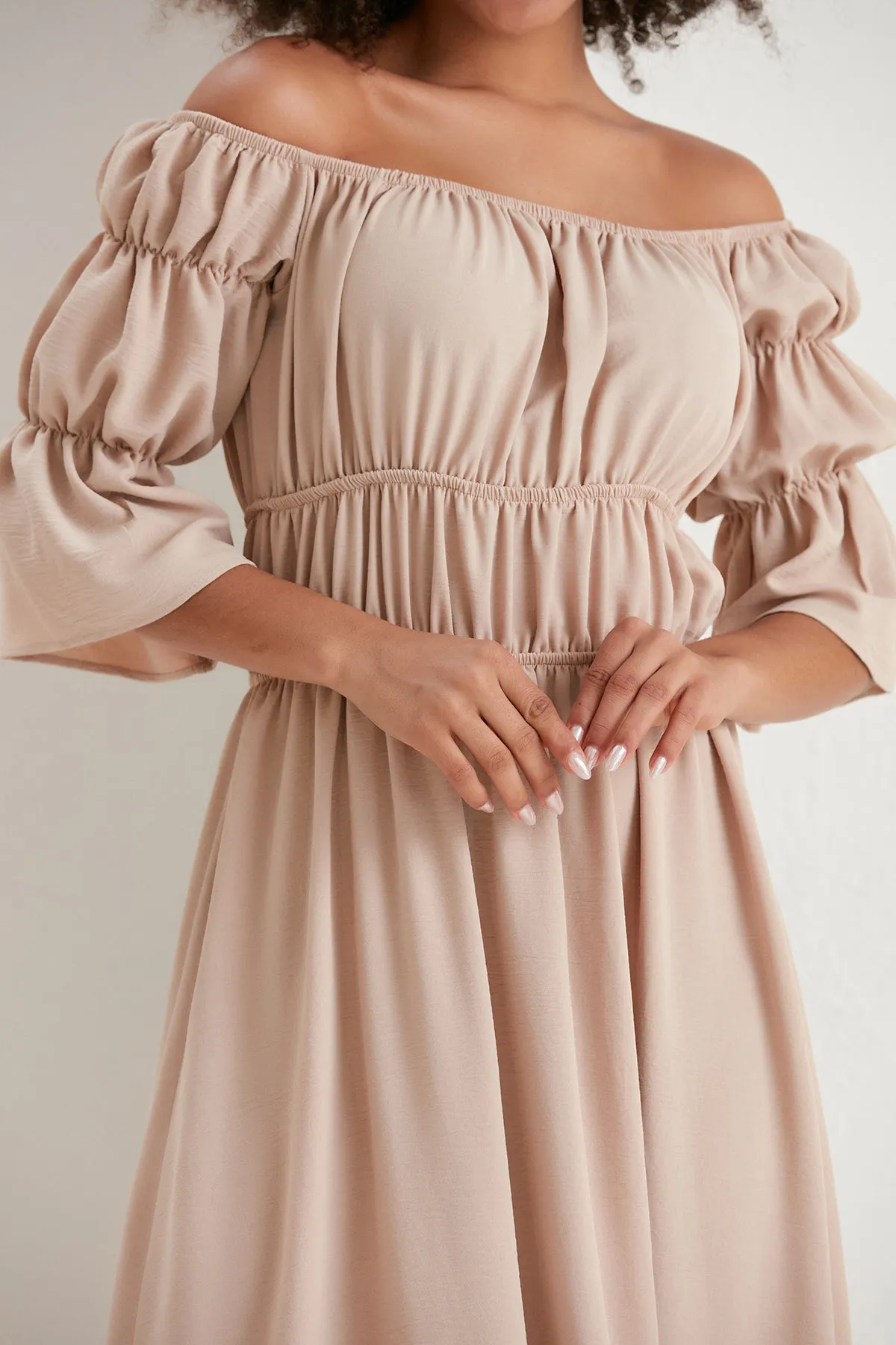 Bardot Elasticated Maxi Dress in Beige