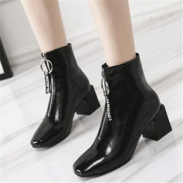 New Brand Quality Leather Chunky High Heels Ankle Boots – Front Zipper, Square Toe, Dress Party Work Shoes