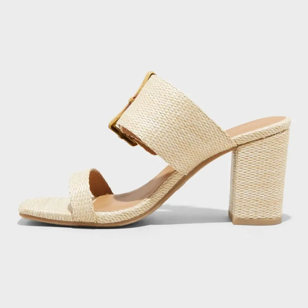 New - Universal Thread Women's 3" Chunky Block High Heel Slip On Mule Sandals Raffia