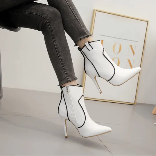 White Leather Pointed Toe Zipper Ankle Boots