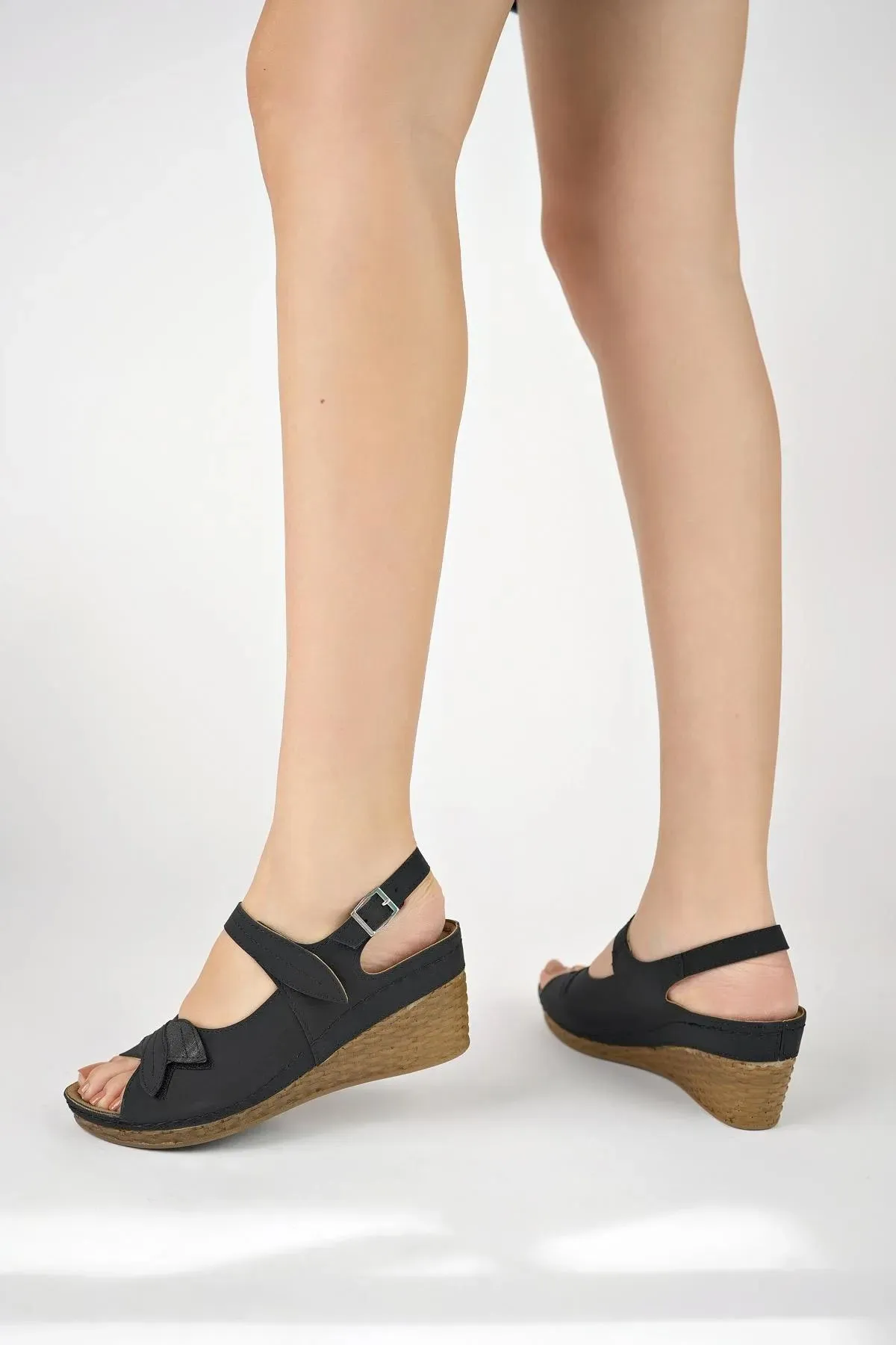 Women's Black Wedge Orthopedic Heeled Sandals