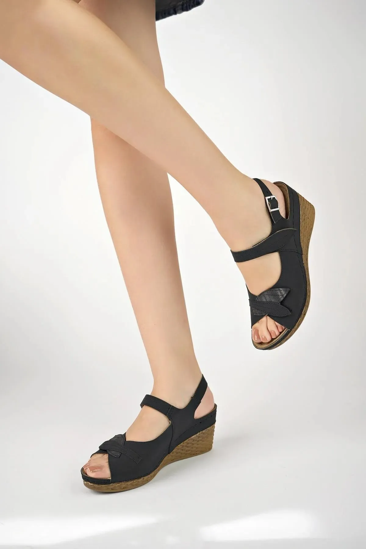 Women's Black Wedge Orthopedic Heeled Sandals