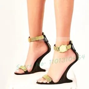 Women's Elegant Gold Metallic Luxury Watch High Heels Shoes