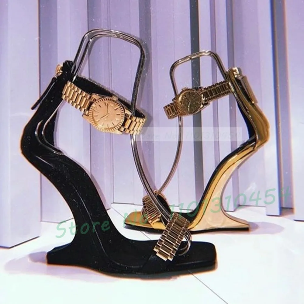 Women's Elegant Gold Metallic Luxury Watch High Heels Shoes