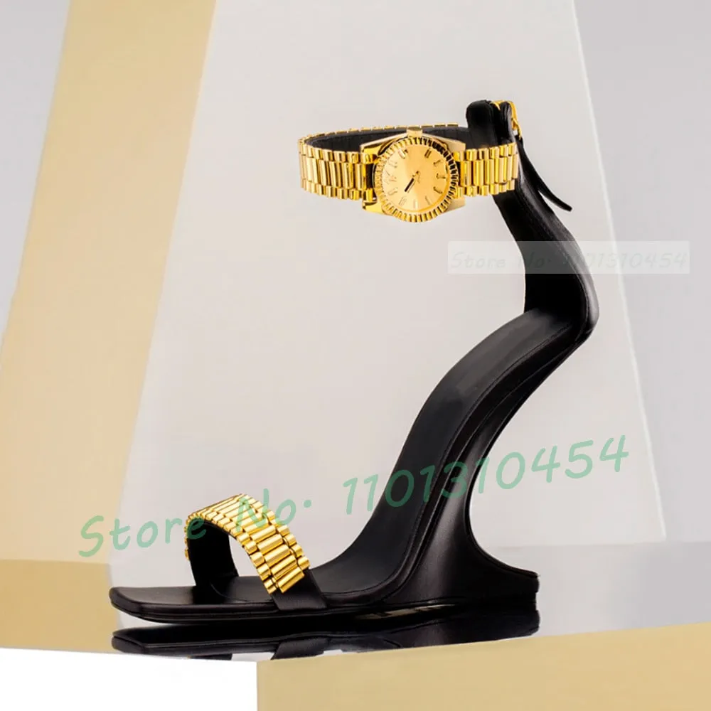 Women's Elegant Gold Metallic Luxury Watch High Heels Shoes