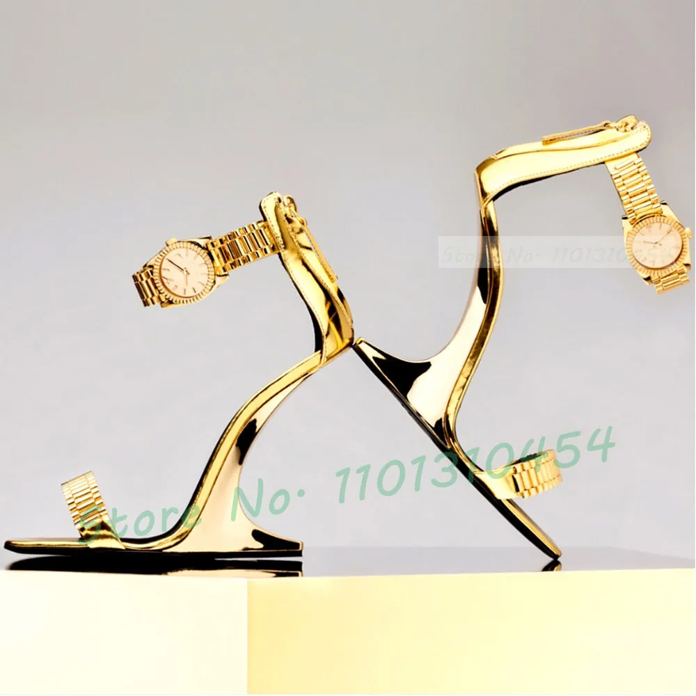 Women's Elegant Gold Metallic Luxury Watch High Heels Shoes