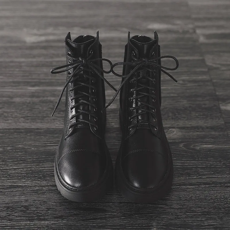 Women's flat thick platform combat boots back zipper biker boots