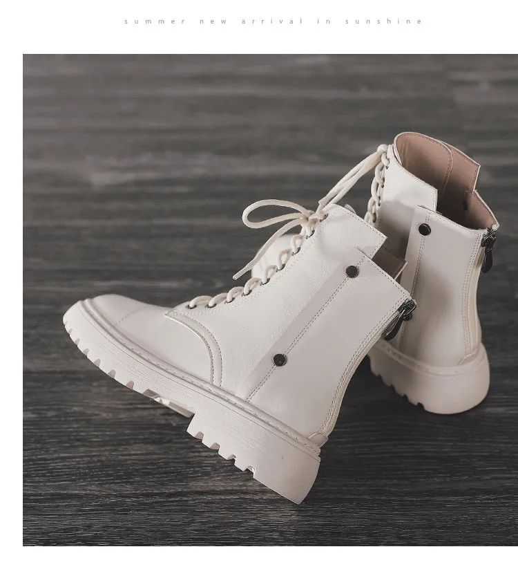 Women's flat thick platform combat boots back zipper biker boots
