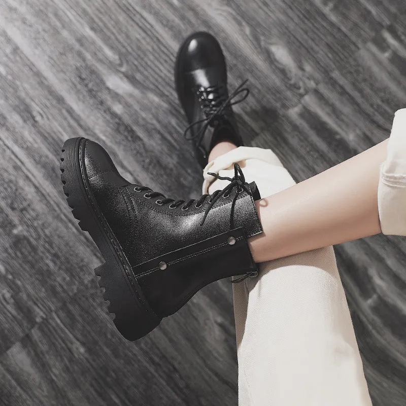 Women's flat thick platform combat boots back zipper biker boots