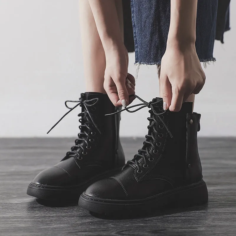 Women's flat thick platform combat boots back zipper biker boots