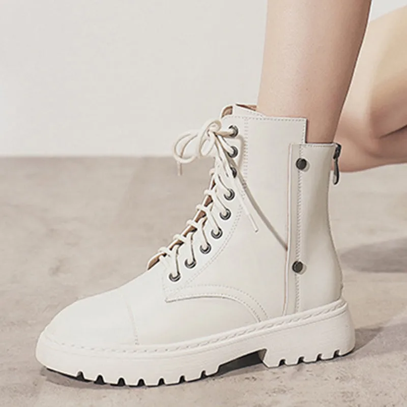 Women's flat thick platform combat boots back zipper biker boots