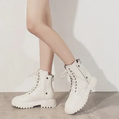Women's flat thick platform combat boots back zipper biker boots