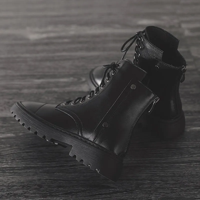 Women's flat thick platform combat boots back zipper biker boots