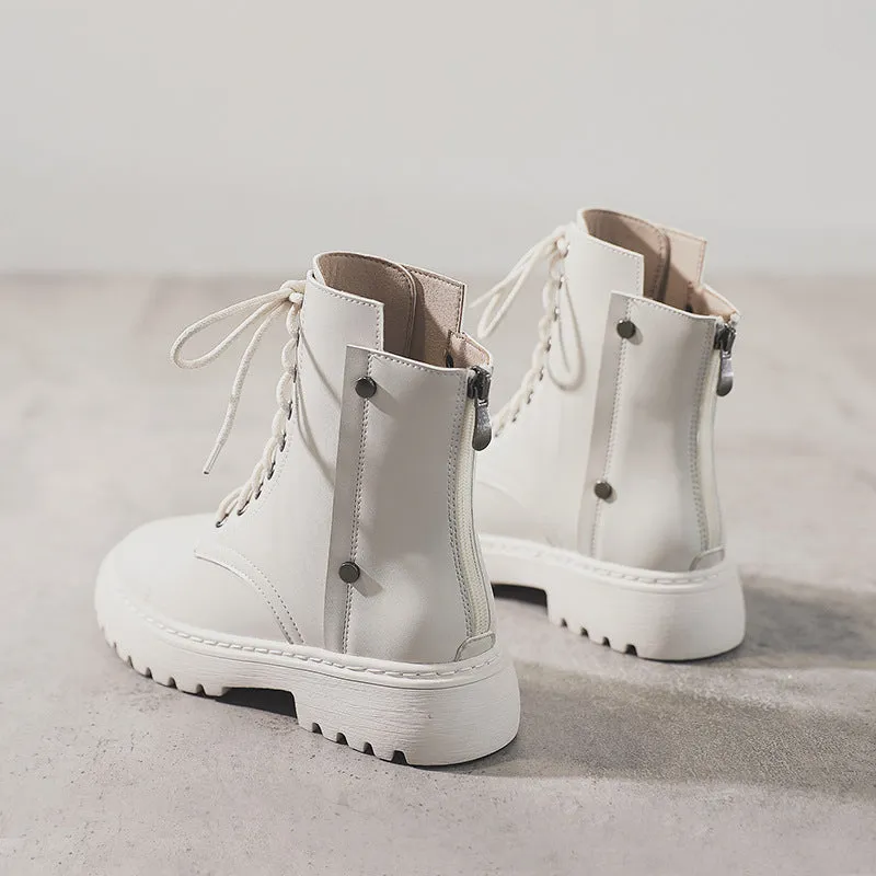 Women's flat thick platform combat boots back zipper biker boots